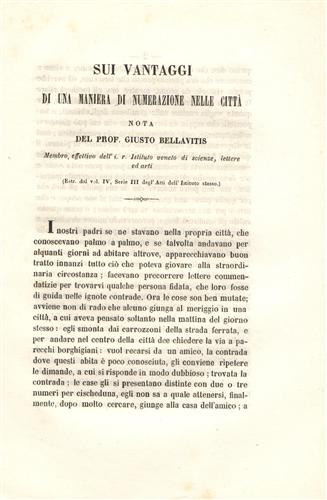 Bellavitis,Gusto. - Sui vantaggi di una maniera di numerazione nelle citt. Venezia.