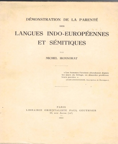 Honnorat,Michel. - Dmonstration de la parent des langues Indo-europennes et smitiques.