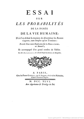 Deparcieux,Antoine. - Essai sur les probabilits de la dure de la vie humaine ; D'o l'on dduit la maniere de dterminer les Rentes viageres tant simples qu'en tontines, precede d'une courte explication sur les rentes  terme, ou annuites, et accompagne d'un grand nombre de tables.