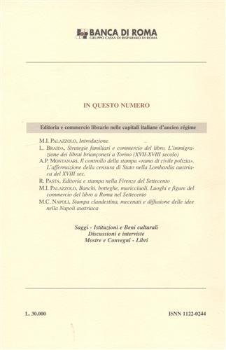 Braida,L. Montanari,A.P. Pasta,R. e altri. - Editoria e commercio librario nelle capitali italiane d'Ancien Rgime. Anno II,n.2. Maggio - agosto 1994.