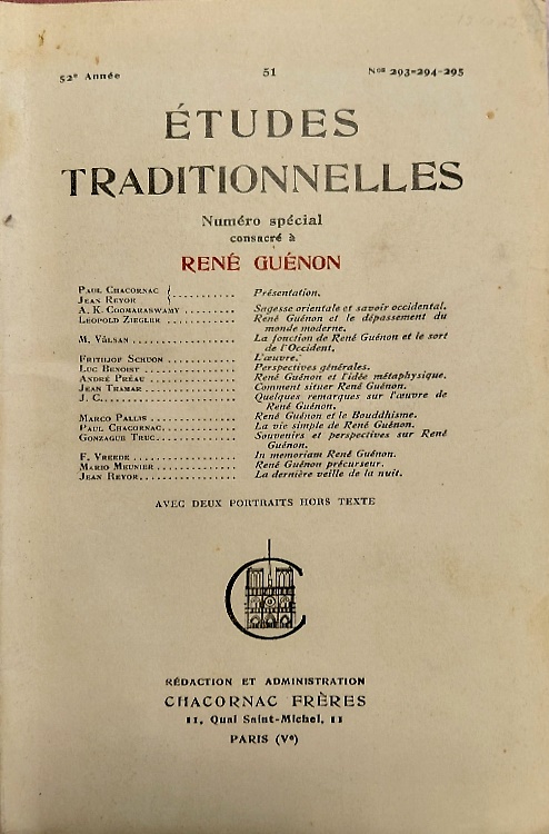 Etudes Traditionnelles. Numéro spécial consacré à René Guenon.