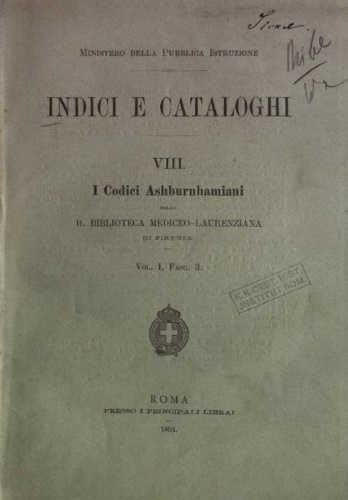 Indici e cataloghi VIII. I Codici Ashburnhamiani della Biblioteca Medicea Lauren