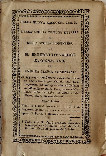 Della lingua comune d'Italia e Della storia fiorentina di M.Benedetto Varchi. Di