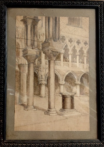 Disegno originale. Opera raffigurante una veduta dettagliata del loggiato intern