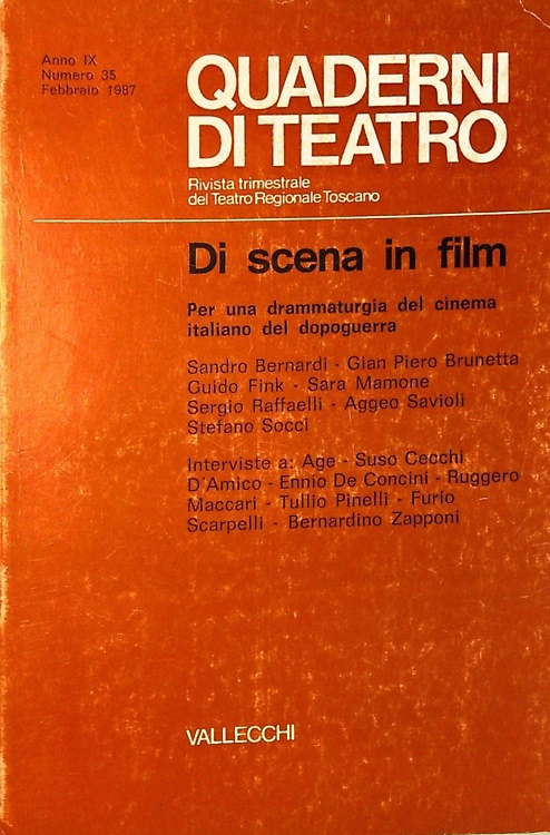 Quaderni di teatro. Di scena in film. Per una drammaturgia del cinema italiano d
