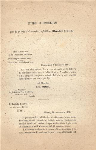 Lettere di condoglianze per la morte del membro effettivo Rinaldo Fulin.